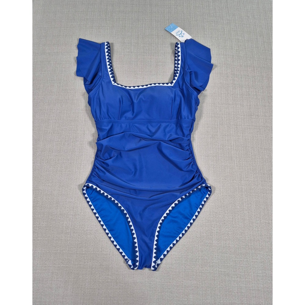Sunshine Blue Ruched One Piece Swimsuit Ruffle Trim Tummy Control‎ Medium NWT